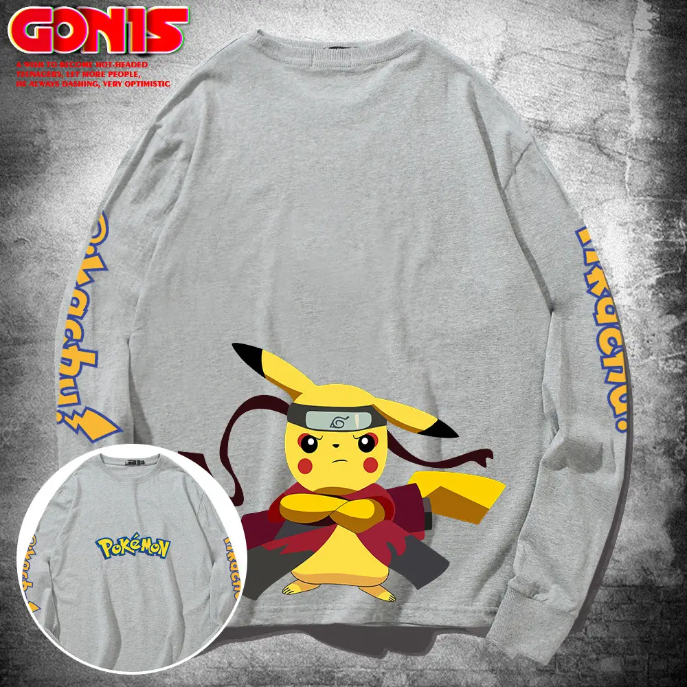 Japanese Anime Pikachu Long Sleeve T-Shirt Grey