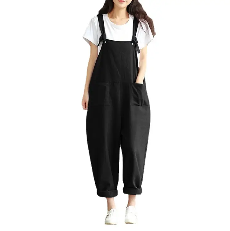 Dark Blue Brushed Suspender Casual Pants for Women