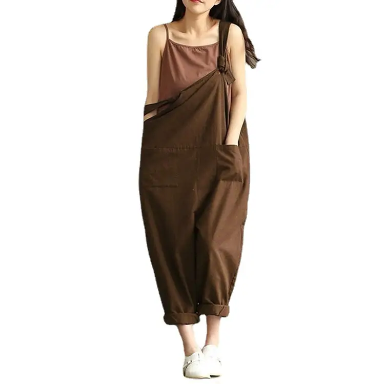 Dark Blue Brushed Suspender Casual Pants for Women