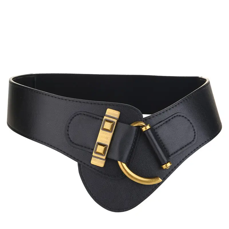 Black Leather Wide Waist Belt for Women with Gold Buckle - Image 6
