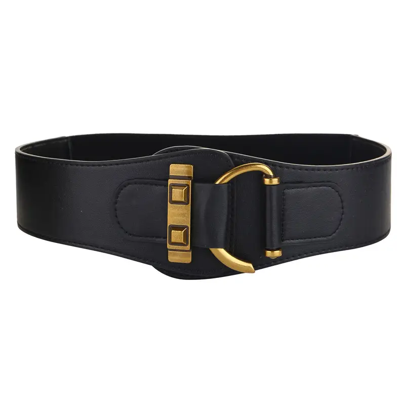Black Leather Wide Waist Belt for Women with Gold Buckle - Image 2