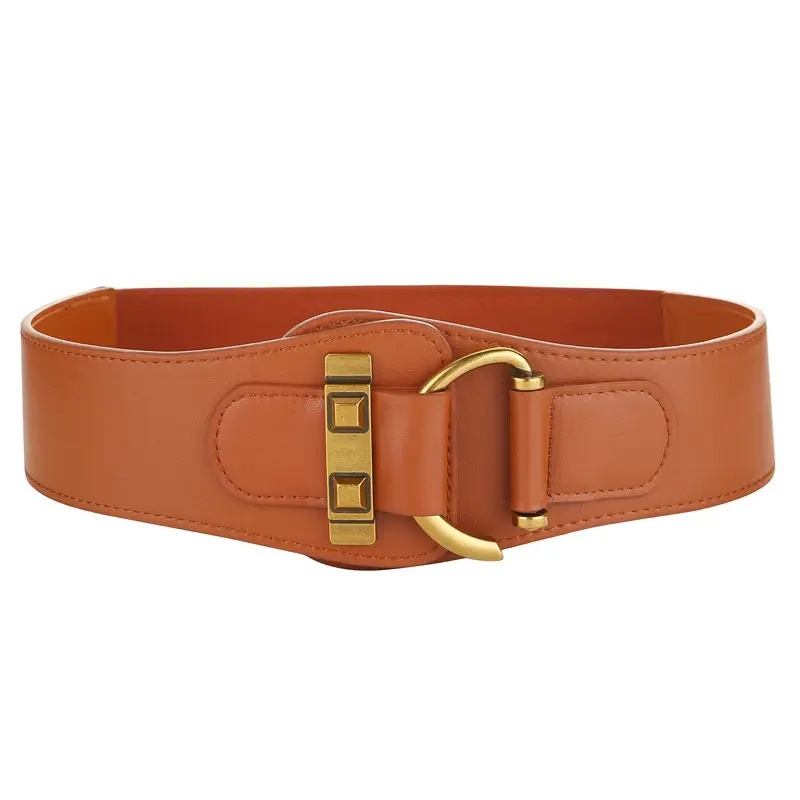 Black Leather Wide Waist Belt for Women with Gold Buckle - Image 3