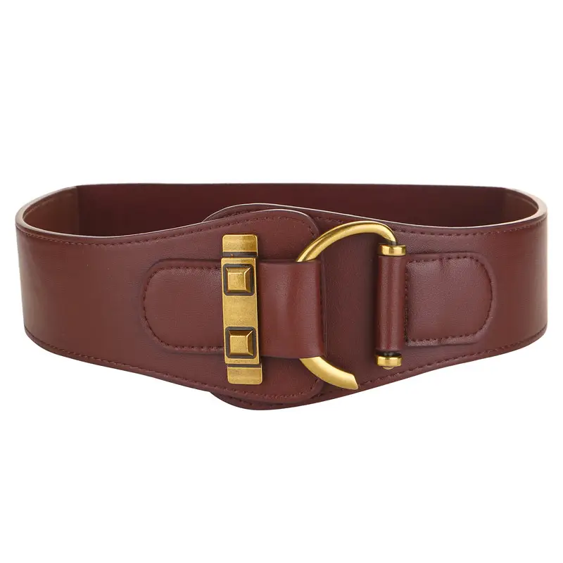 Black Leather Wide Waist Belt for Women with Gold Buckle - Image 4