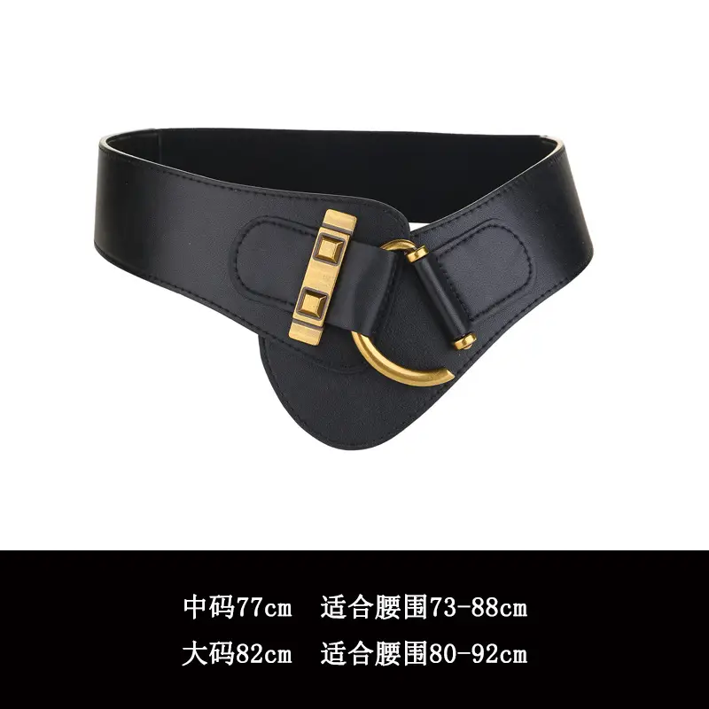 Black Leather Wide Waist Belt for Women with Gold Buckle - Image 5
