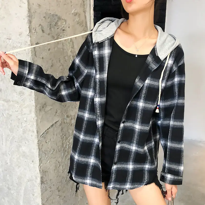 2024 Hooded Plaid Long Sleeve Women's Coat