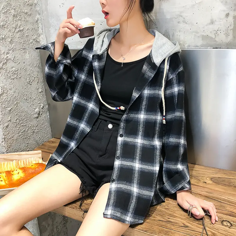 2024 Hooded Plaid Long Sleeve Women's Coat