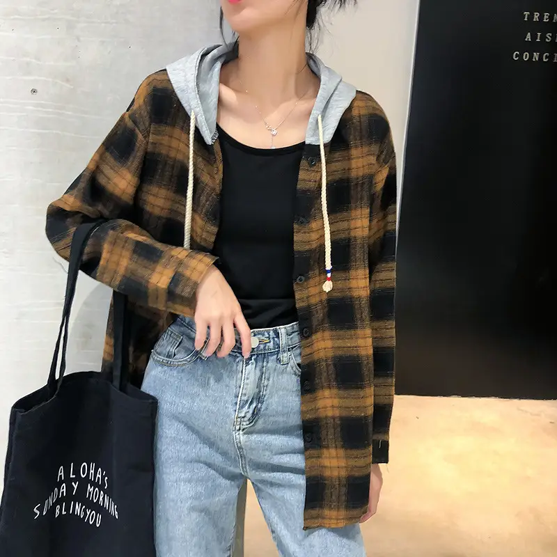 2024 Hooded Plaid Long Sleeve Women's Coat