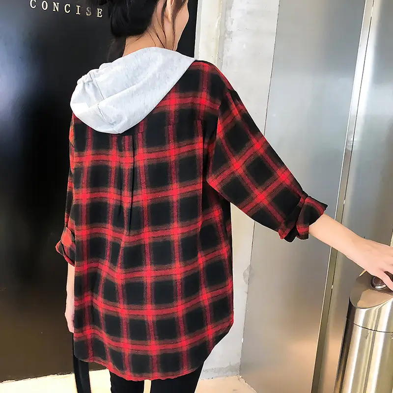 2024 Hooded Plaid Long Sleeve Women's Coat