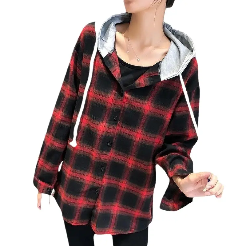 2024 Hooded Plaid Long Sleeve Women's Coat