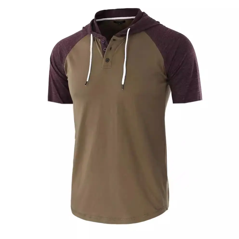 Men Grey Hooded T-Shirt Short Sleeve Cotton