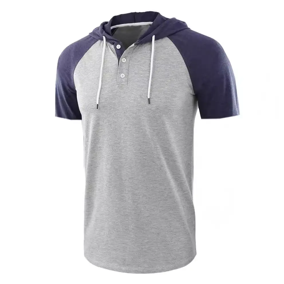 Men Grey Hooded T-Shirt Short Sleeve Cotton