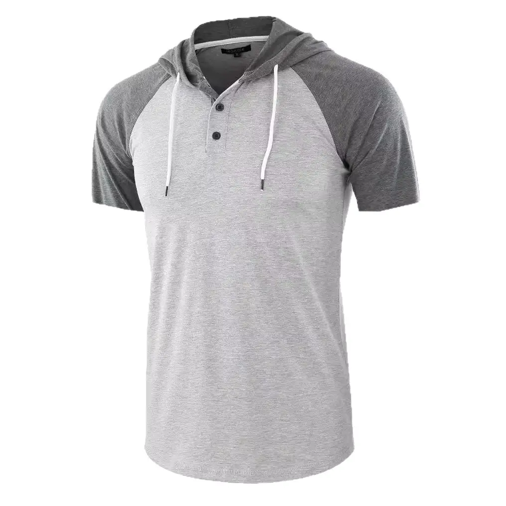 Men Grey Hooded T-Shirt Short Sleeve Cotton