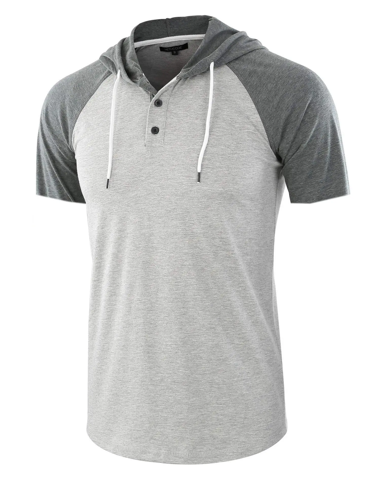Men Grey Hooded T-Shirt Short Sleeve Cotton