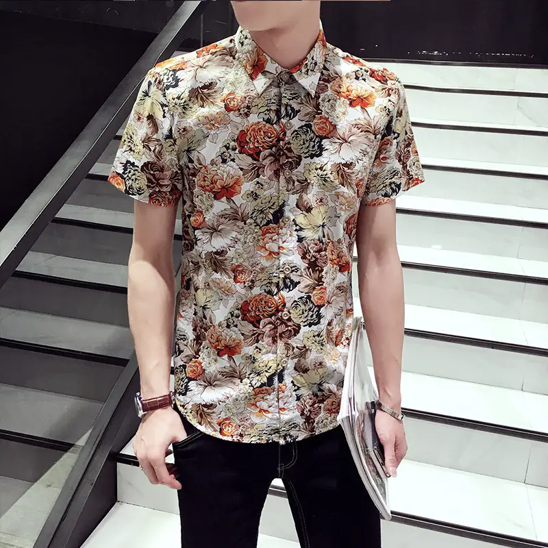 Men Floral Short Sleeve Barber Shirt Pink - Image 3