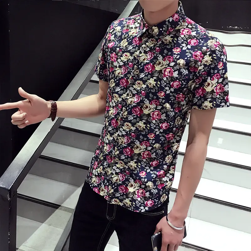 Men Floral Short Sleeve Barber Shirt Pink - Image 2