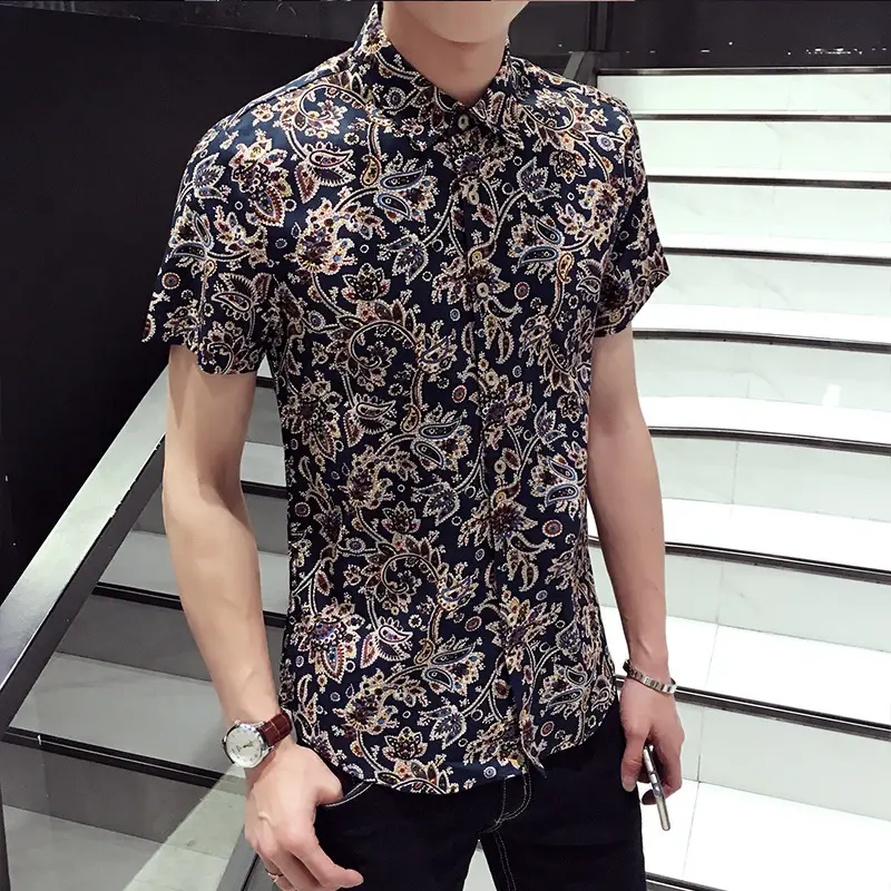 Men Floral Short Sleeve Barber Shirt Pink - Image 4
