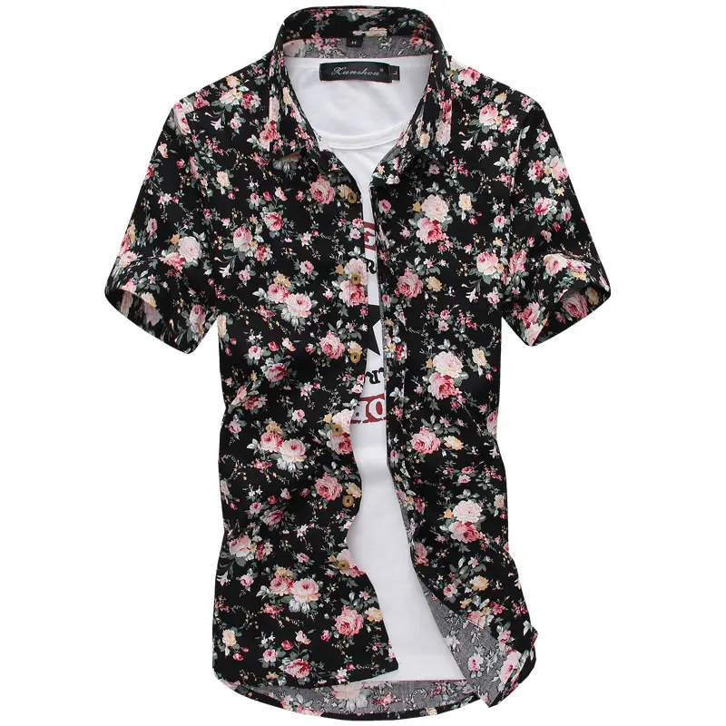 Men Floral Short Sleeve Barber Shirt Pink - Image 7