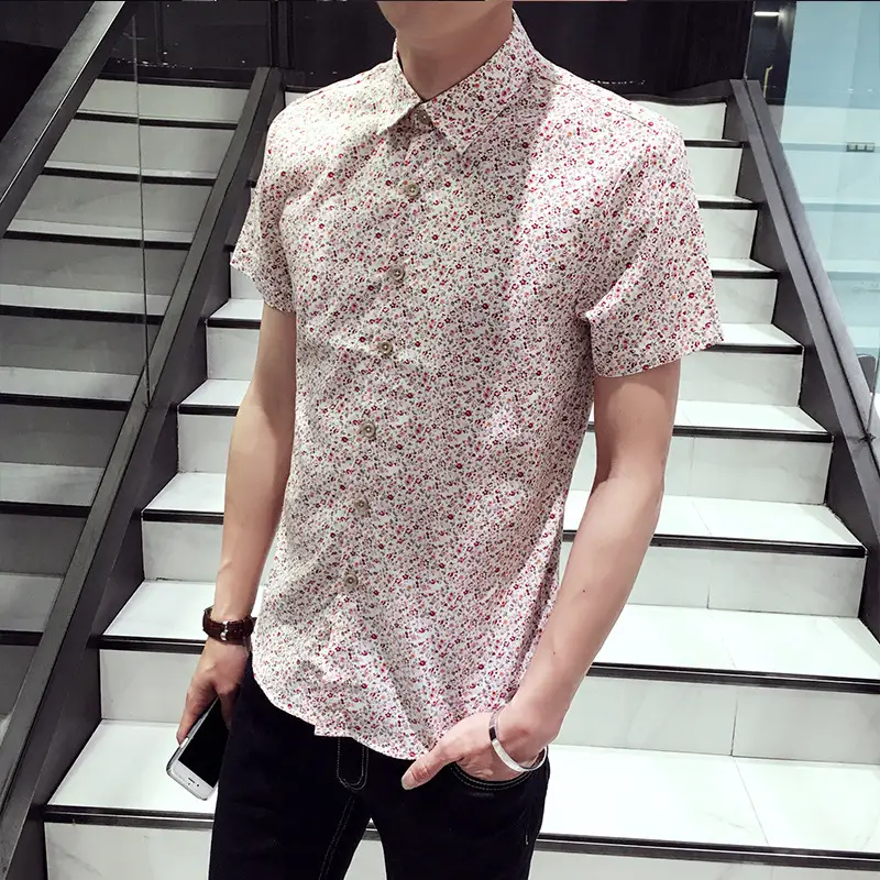 Men Floral Short Sleeve Barber Shirt Pink - Image 5