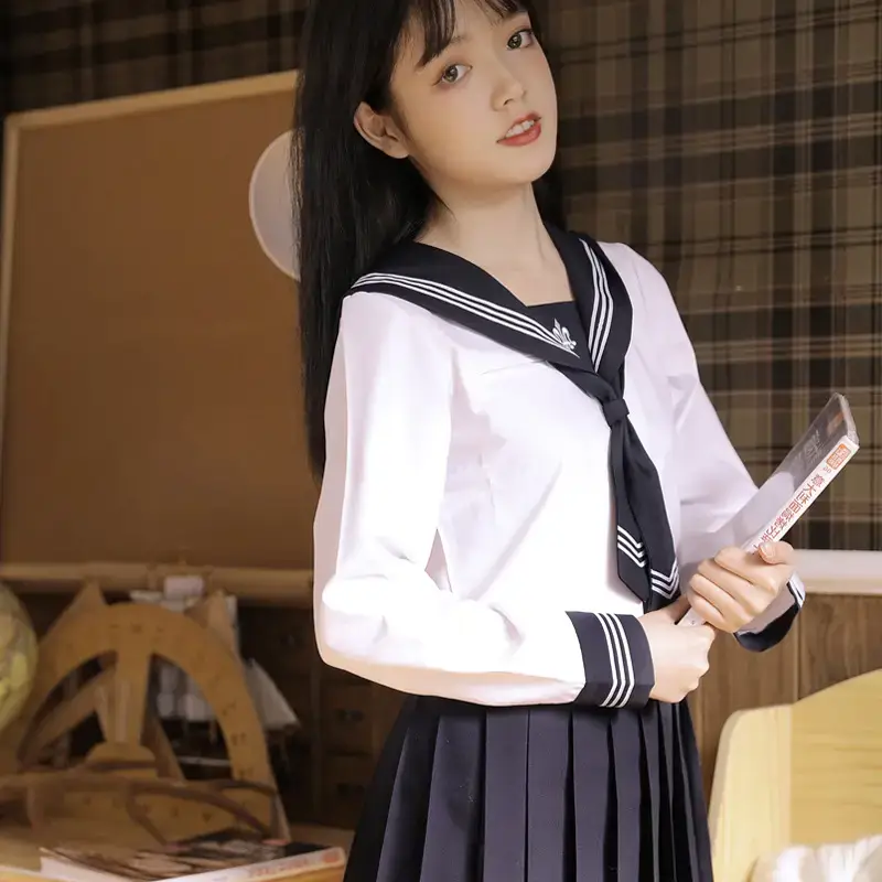 Black Japanese Sailor Suit with Blue Tie and Kansai Lapels