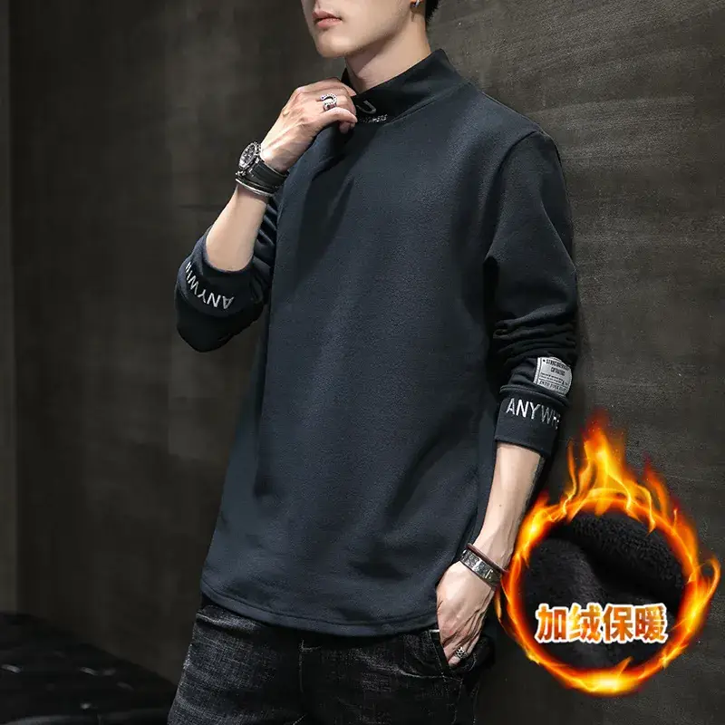 Men's Black Fleece Lined Long Sleeve T-Shirt with Embroidered Details - Image 5