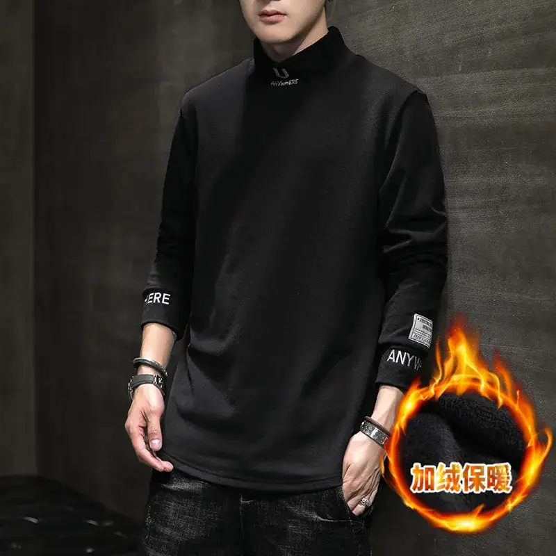 Men's Black Fleece Lined Long Sleeve T-Shirt with Embroidered Details - Image 7