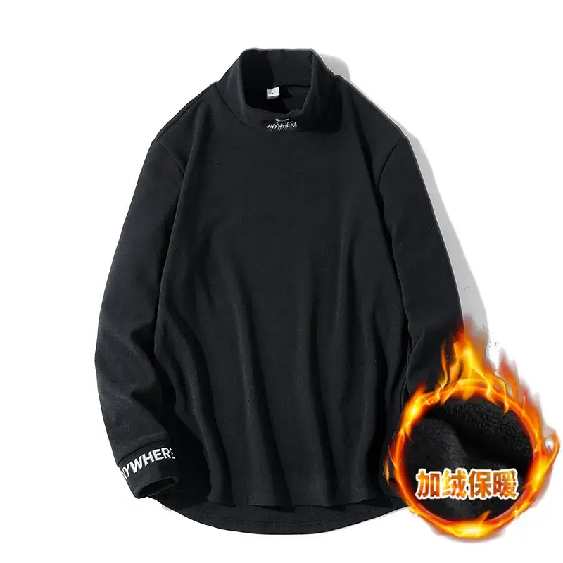 Men's Black Fleece Lined Long Sleeve T-Shirt with Embroidered Details - Image 4
