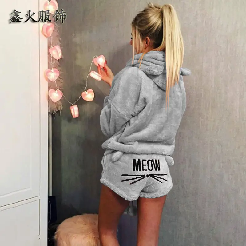 2018 Winter Cat Embroidered Plush Pajamas Set - Image 11