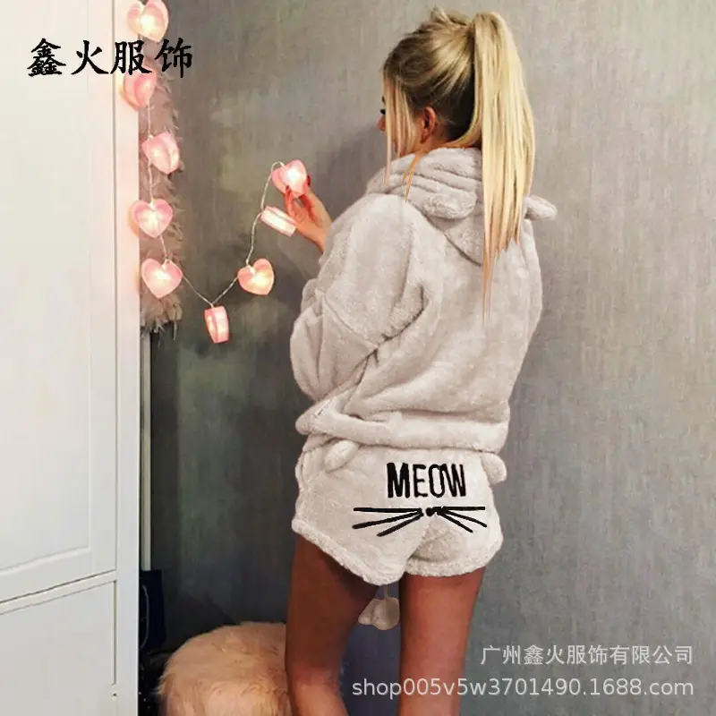 2018 Winter Cat Embroidered Plush Pajamas Set - Image 7