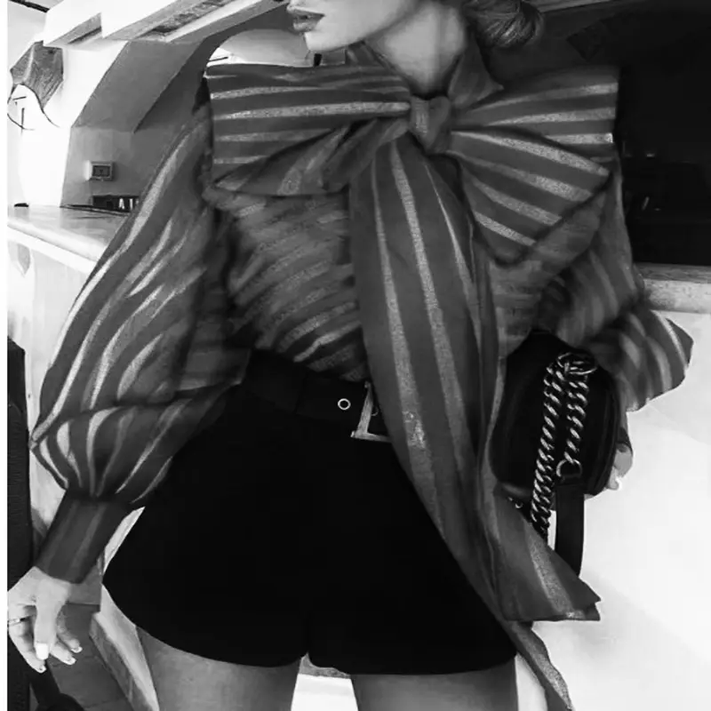 Women's Bow Lantern Long Sleeve Striped Shirt Top Black Shorts - Image 4