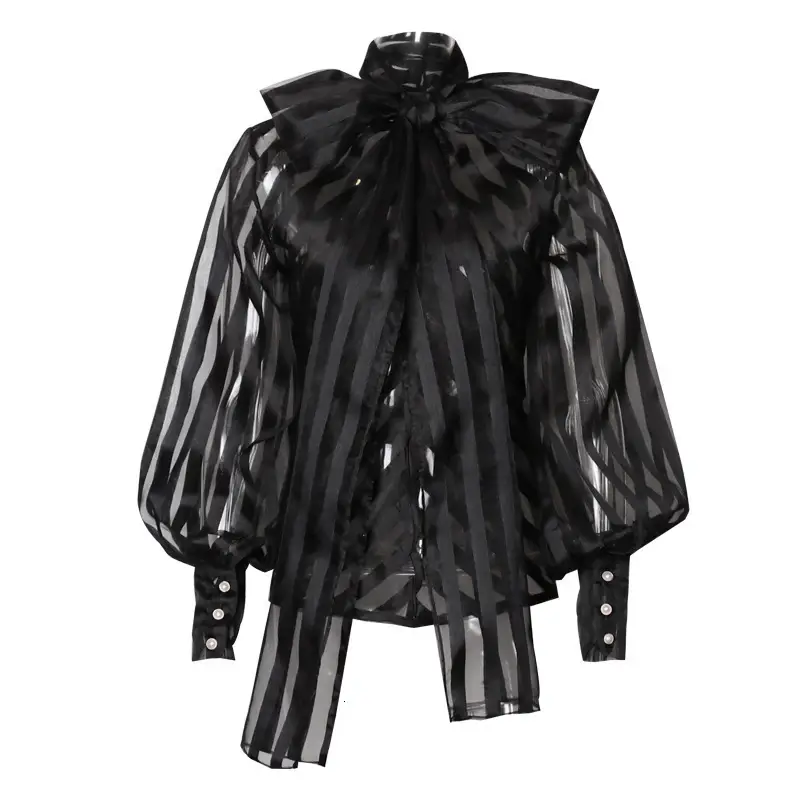 Women's Bow Lantern Long Sleeve Striped Shirt Top Black Shorts - Image 6