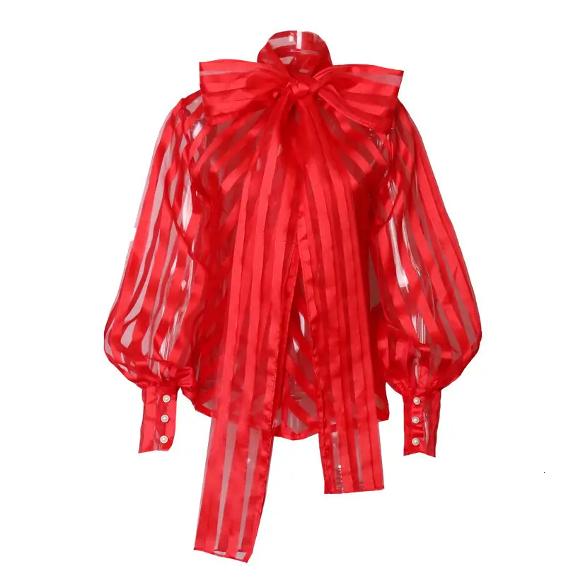 Women's Bow Lantern Long Sleeve Striped Shirt Top Black Shorts - Image 7