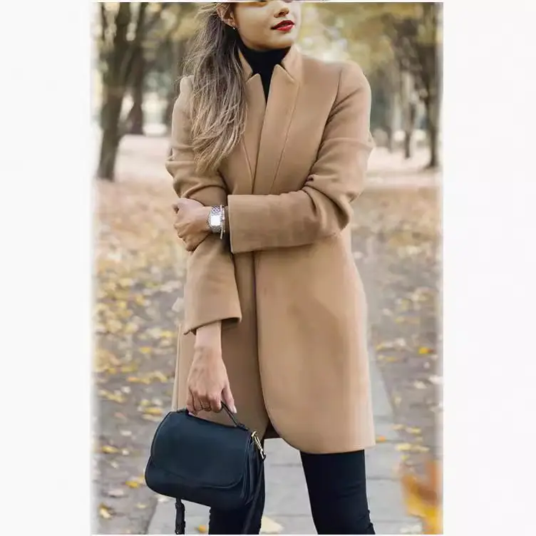Women Woolen Stand Collar Jacket Navy Blue Winter - Image 11