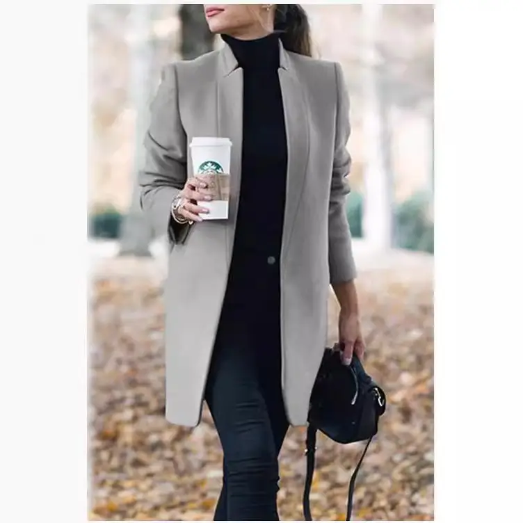 Women Woolen Stand Collar Jacket Navy Blue Winter - Image 12