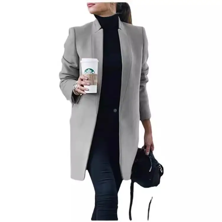 Women Woolen Stand Collar Jacket Navy Blue Winter - Image 13