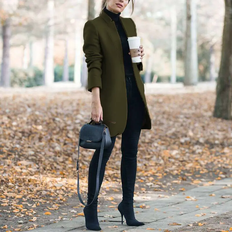 Women Woolen Stand Collar Jacket Navy Blue Winter - Image 7