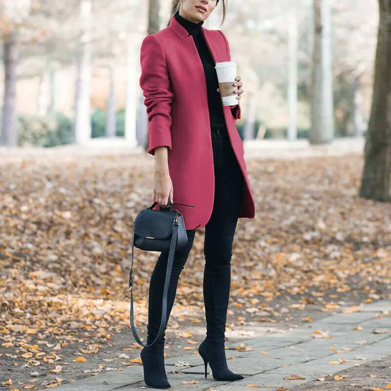 Women Woolen Stand Collar Jacket Navy Blue Winter - Image 8