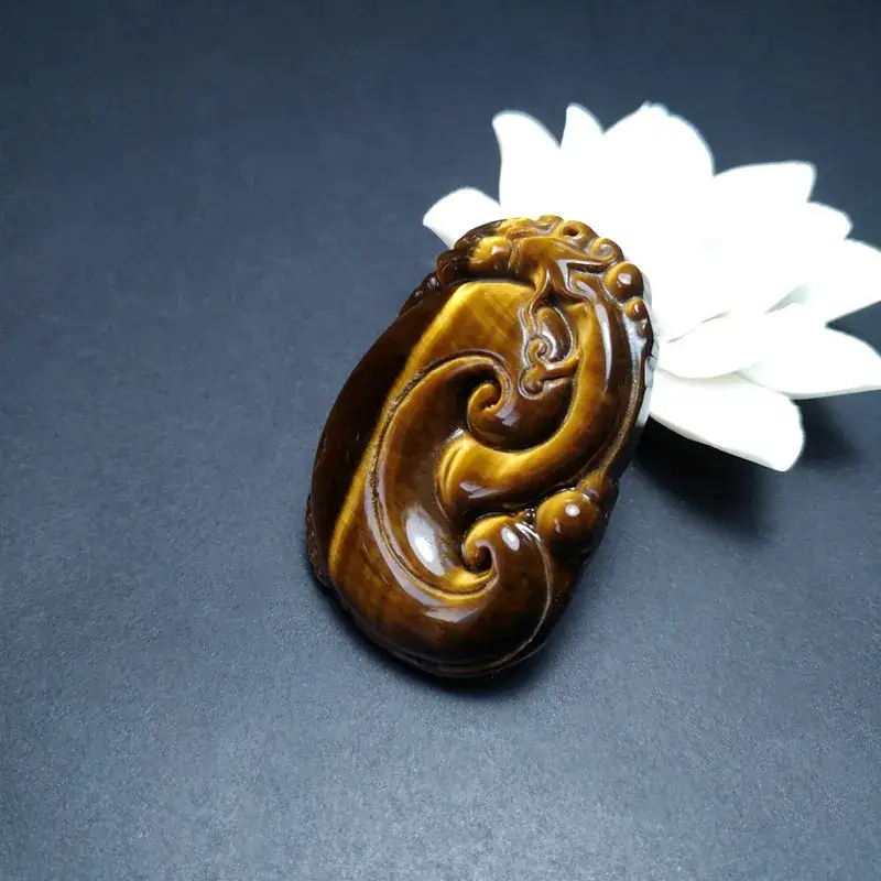 Tiger Eye Stone Ruyi Pendant Wood with Variable Stone Design - Image 2