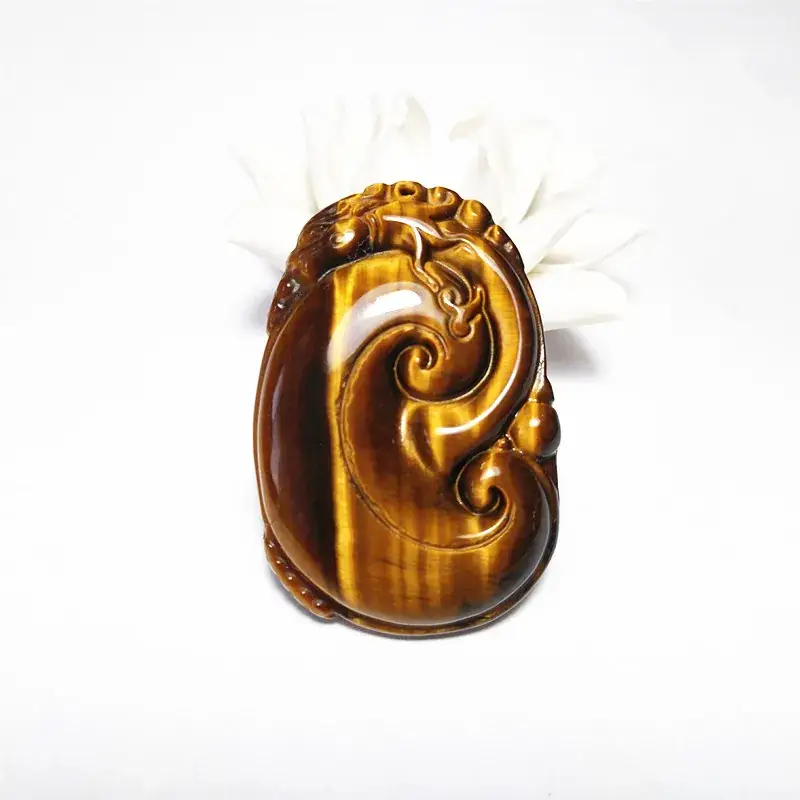 Tiger Eye Stone Ruyi Pendant Wood with Variable Stone Design - Image 4