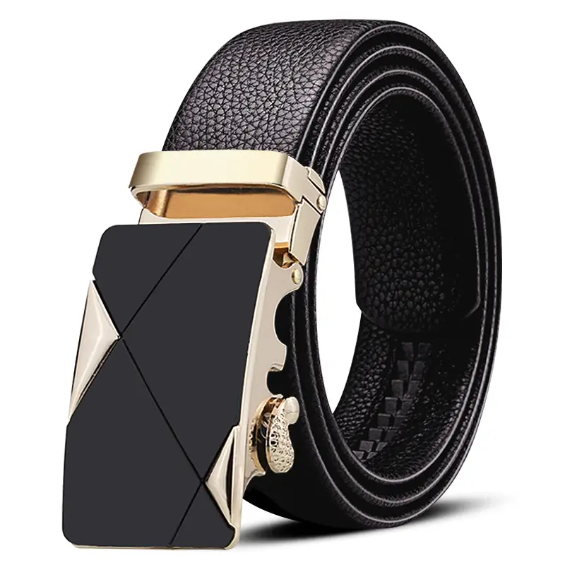 Men's Black Leather Belt with Gold Plated Buckle