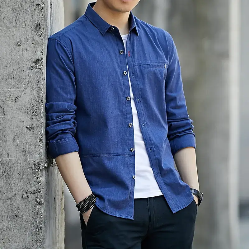 Men Blue Long Sleeve Button Shirt Business Wear - Image 9