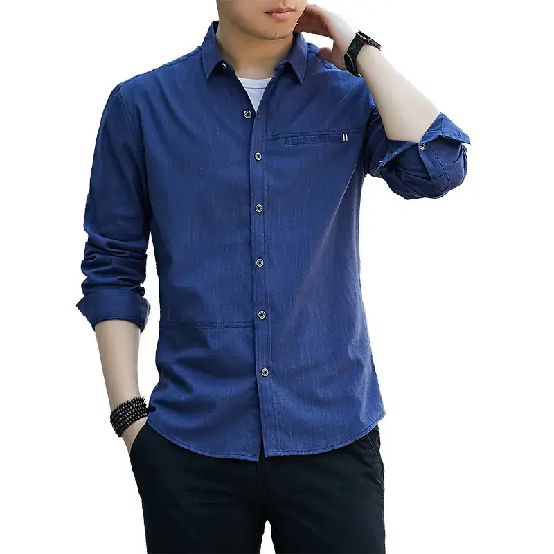 Men Blue Long Sleeve Button Shirt Business Wear - Image 13