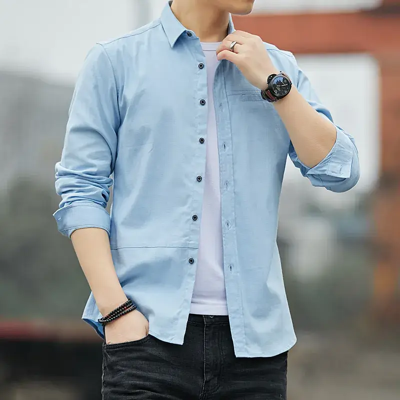 Men Blue Long Sleeve Button Shirt Business Wear - Image 7
