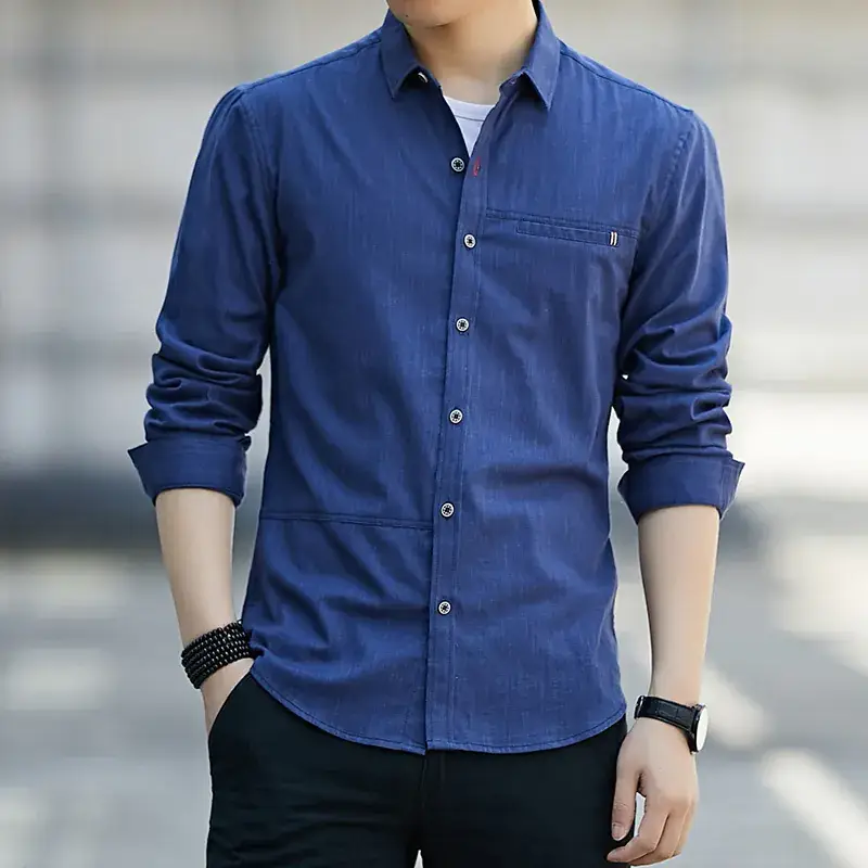 Men Blue Long Sleeve Button Shirt Business Wear - Image 8