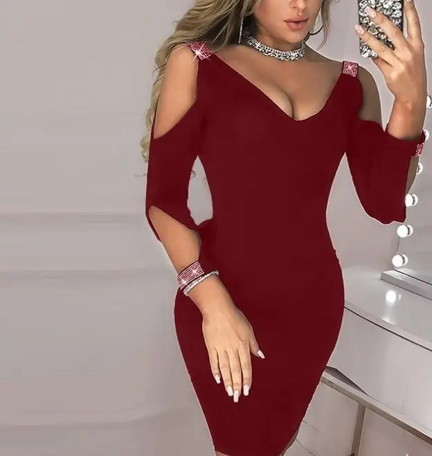2021 Sexy Ripped Off Shoulder Dress Black Blue Red Low Cut Hip Dress - Image 5