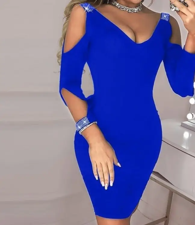 2021 Sexy Ripped Off Shoulder Dress Black Blue Red Low Cut Hip Dress - Image 3