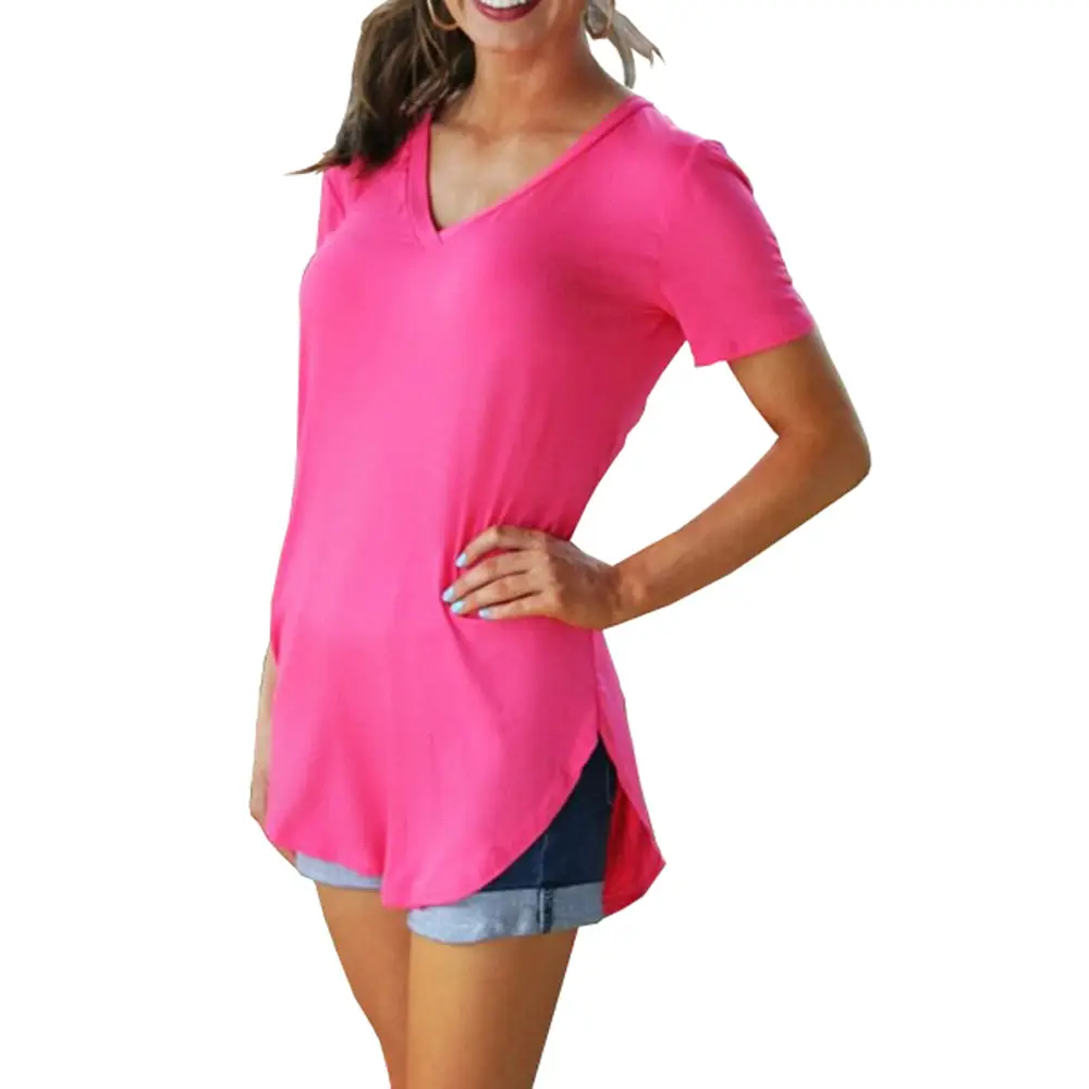 Plus Size Women's Pink Loose V Neck T-Shirt