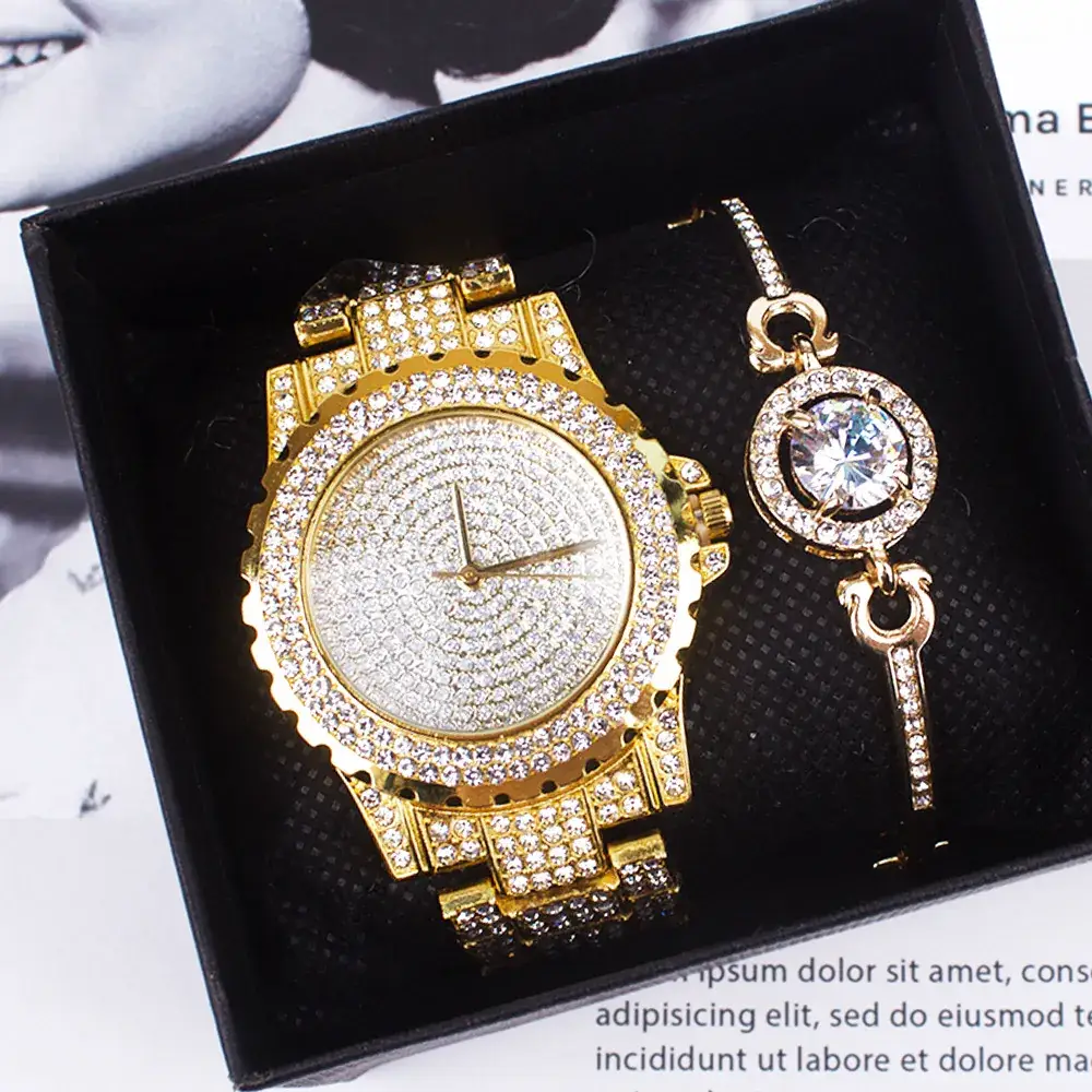 Gold Rhinestone Women's Quartz Bracelet Watch Set - Image 4