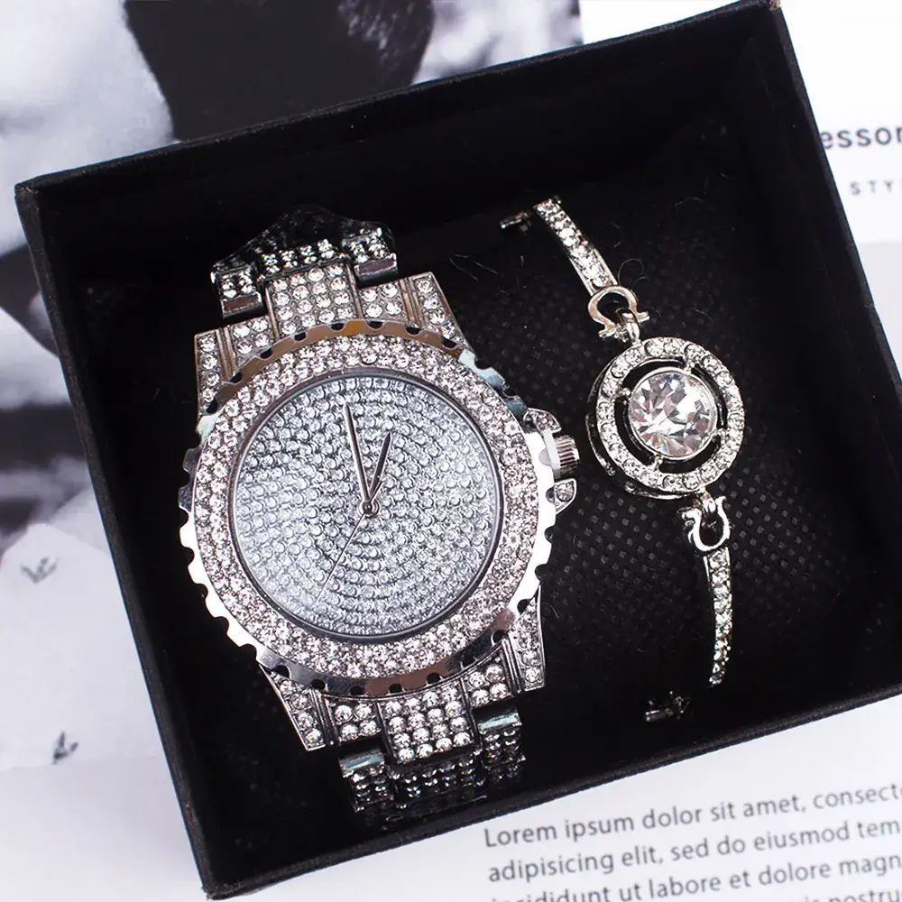 Gold Rhinestone Women's Quartz Bracelet Watch Set - Image 3