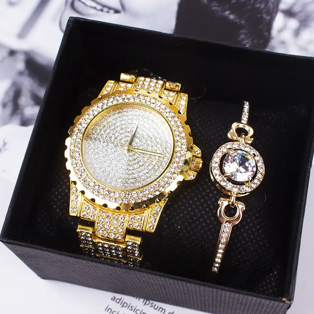 Gold Rhinestone Women's Quartz Bracelet Watch Set - Image 2
