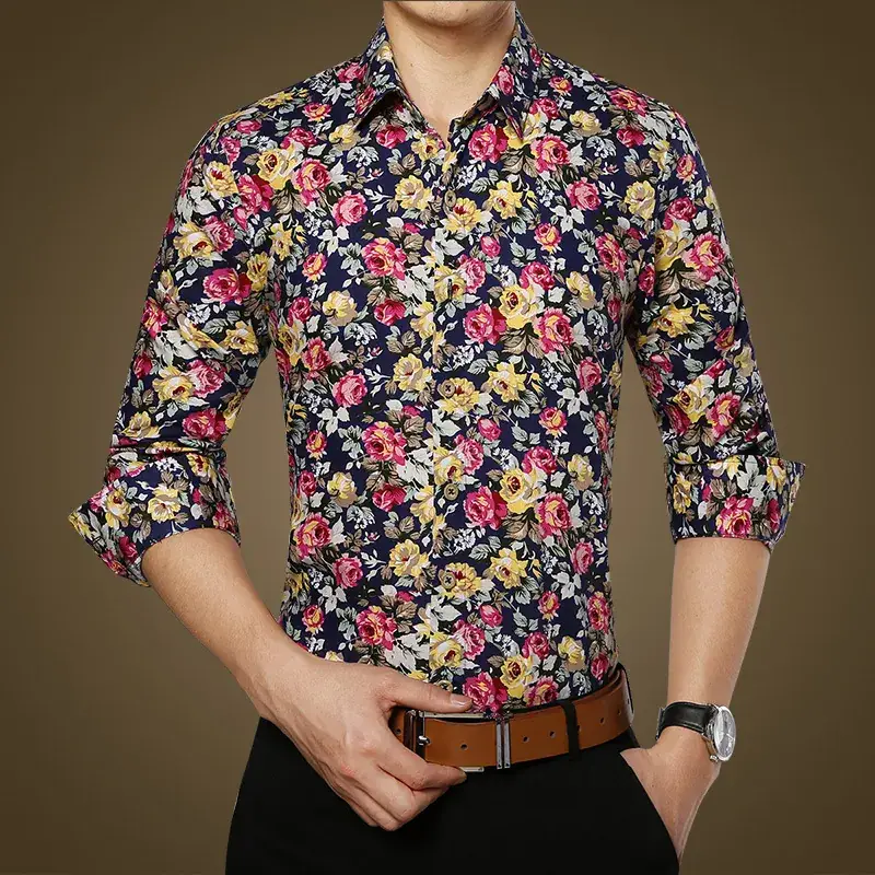 Korean Style Printed Cotton Long Sleeve Shirt for Men - Image 2